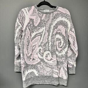 Vintage women's 1980s knit abstract pink and gray crew neck long sleeve sweater